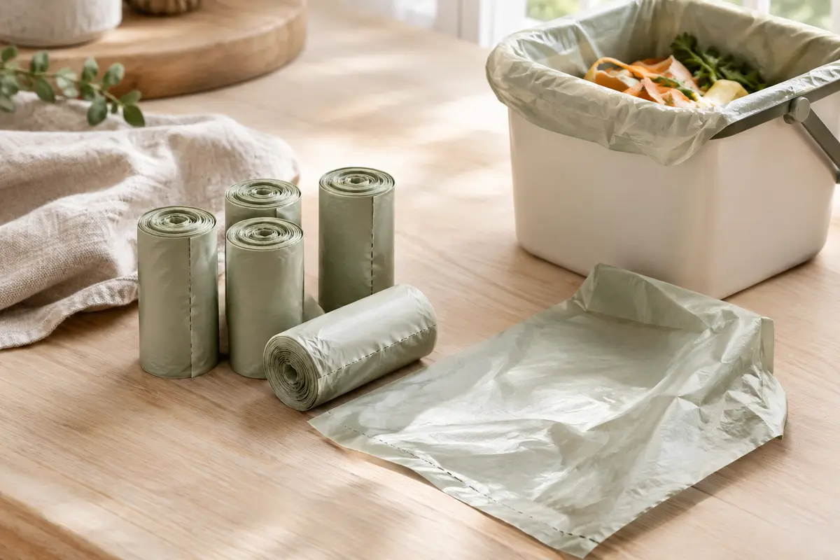 Rouleaux de sacs compostables pour déchets alimentaires posés près d’un petit bac sur du bois clair.