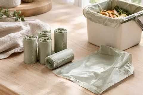 Rouleaux de sacs compostables pour déchets alimentaires posés près d’un petit bac sur du bois clair.
