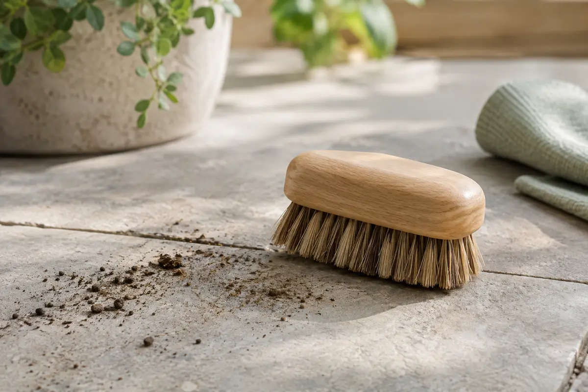 Brosse à récurer manuelle en bois clair et à poils fermes posée sur une dalle de pierre.