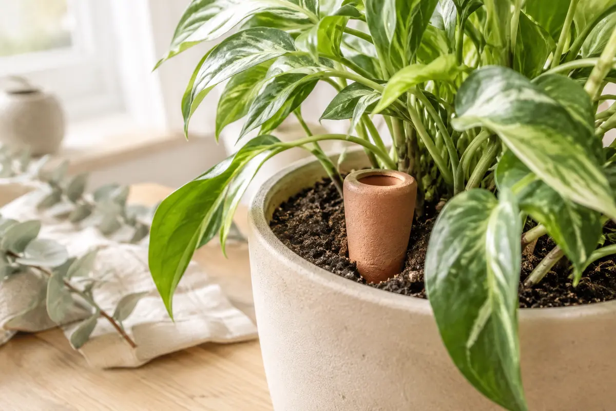 Oyas en terre cuite planté dans un pot, près des racines d’une plante feuillue