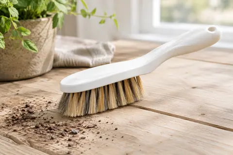 Brosse de nettoyage blanche à poils fermes posée près d’une surface extérieure en bois