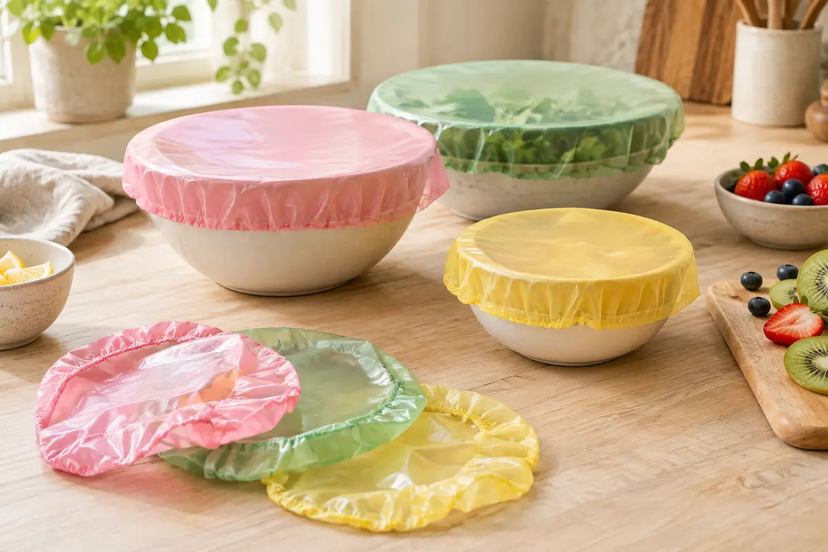 Couvercles alimentaires élastiques roses, verts et jaunes près d’un bol et de fruits coupés