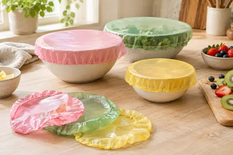 Couvercles alimentaires élastiques roses, verts et jaunes près d’un bol et de fruits coupés