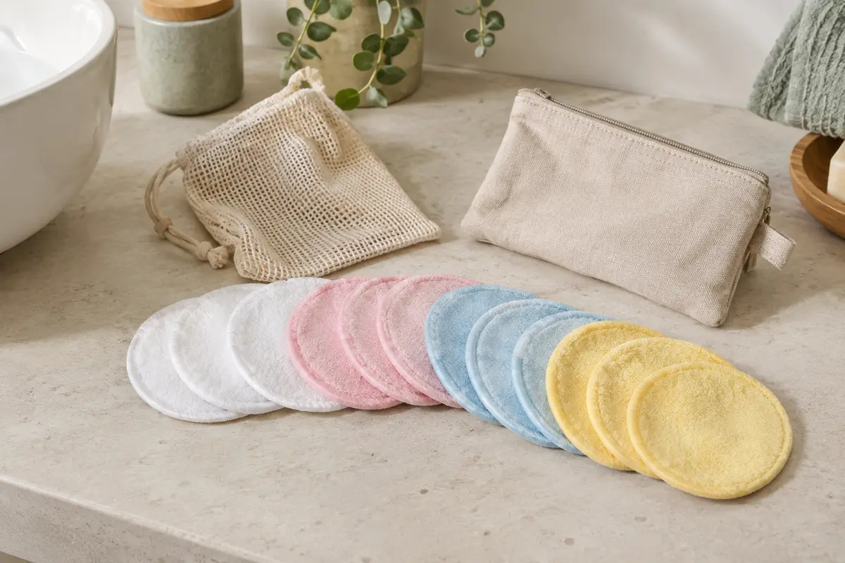 Disques démaquillants lavables de plusieurs couleurs avec leur sac de lavage et leur sac de rangement