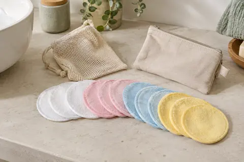 Disques démaquillants lavables de plusieurs couleurs avec leur sac de lavage et leur sac de rangement