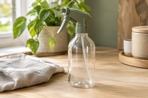 Flacon spray transparent à gâchette posé sur un plan de travail en bois clair près d’une plante