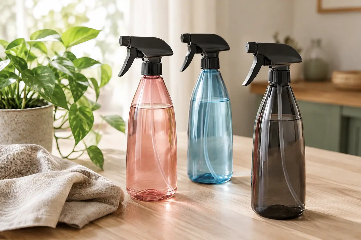 Trois flacons pulvérisateurs rose, bleu et noir posés près d’une plante sur du bois clair.