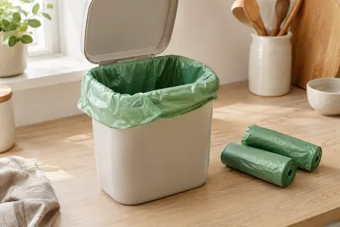 Sac poubelle vert de 20 litres installé dans une petite poubelle, avec des rouleaux posés à côté.