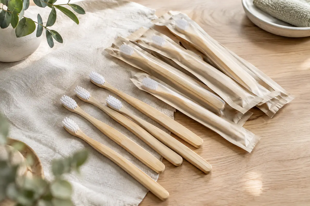 Lot de brosses à dents à manches en bambou clair et poils souples, disposées sur du lin crème.