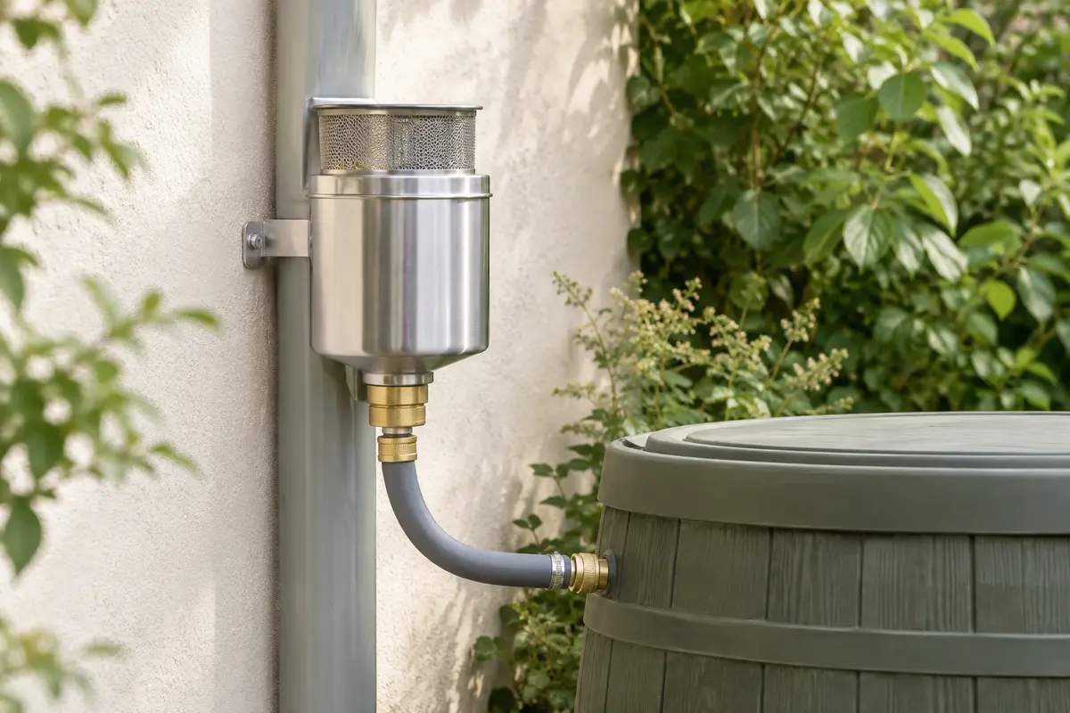 Collecteur de pluie en acier inoxydable avec tamis, raccordé à une descente et à un tonneau de jardin