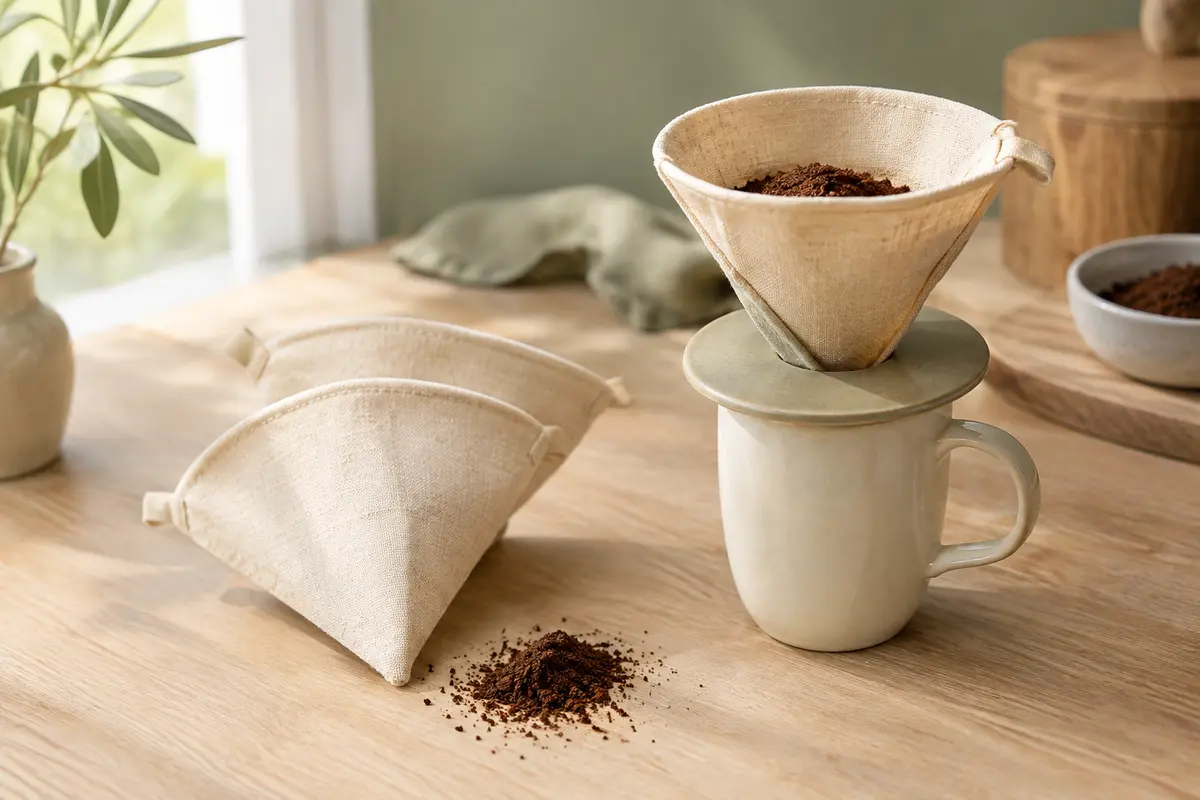 Filtres à café coniques en coton beige, avec l’un d’eux placé dans un porte-filtre au-dessus d’une tasse.