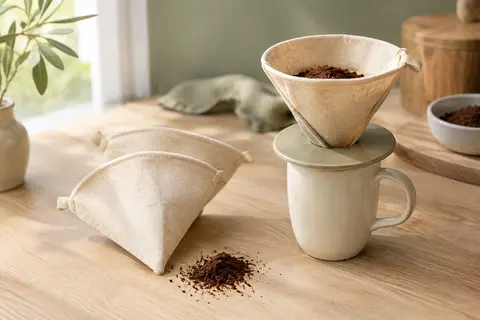 Filtres à café coniques en coton beige, avec l’un d’eux placé dans un porte-filtre au-dessus d’une tasse.