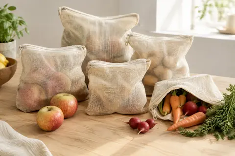 Cinq sacs à vrac beiges en gaze de coton avec fermeture éclair, près de fruits et légumes frais.