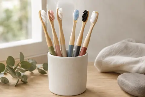 Lot de brosses à dents EcoSlurps à manches en bambou colorés, dont une avec des poils foncés au charbon.