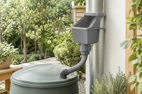Kit collecteur gris avec grille filtrante, embout et tuyau raccordé à une gouttière près d’un récupérateur d’eau.