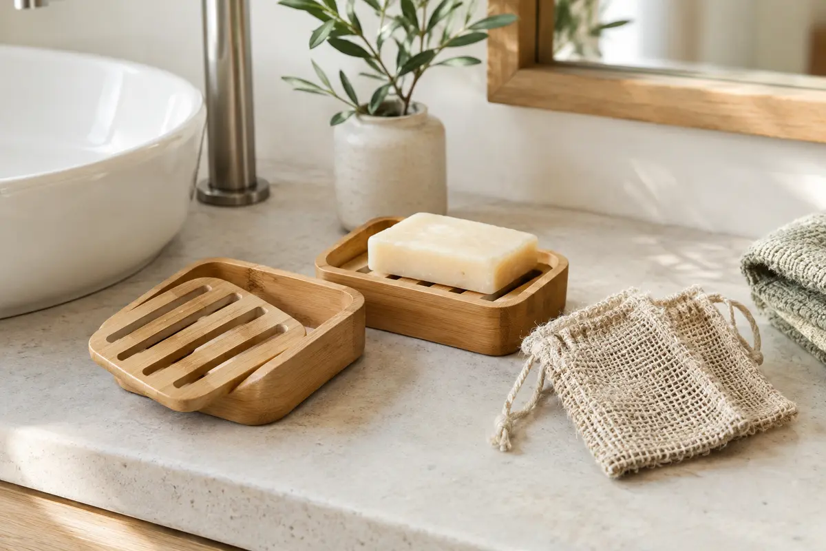 Deux porte-savons en bambou avec égouttoirs amovibles et sacs en sisal sur une tablette claire