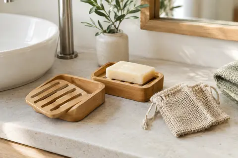 Deux porte-savons en bambou avec égouttoirs amovibles et sacs en sisal sur une tablette claire