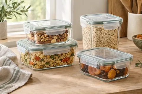 Quatre boîtes rectangulaires transparentes en verre avec couvercles à clips, posées sur un plan de travail en bois.