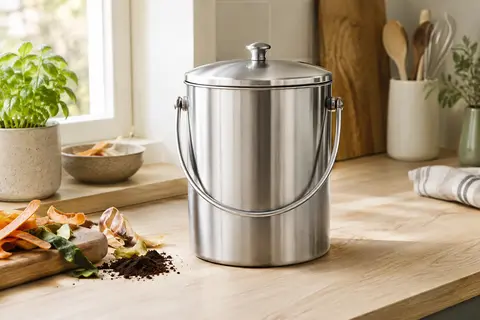Bac à compost cylindrique en acier inoxydable avec couvercle et poignée, posé sur un plan de travail clair.