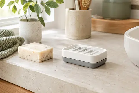 Porte-savon blanc et gris à double couche posé près d’un savon solide sur une tablette de salle de bain