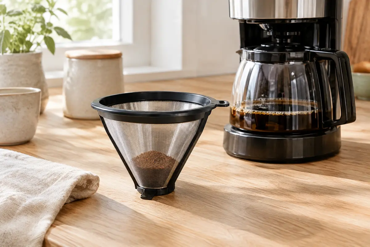 Filtre à café conique réutilisable noir et argent posé près d’une cafetière sur un plan en bois clair.
