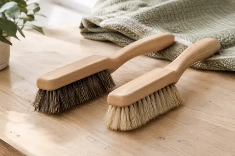 Deux brosses à racines en bois de hêtre, aux poils naturels durs et souples, posées sur du bois clair.