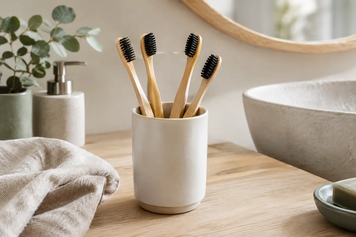 Lot de brosses à dents en bambou à poils noirs posé dans un pot sur une surface en bois clair.