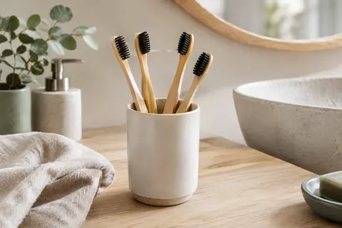 Lot de brosses à dents en bambou à poils noirs posé dans un pot sur une surface en bois clair.