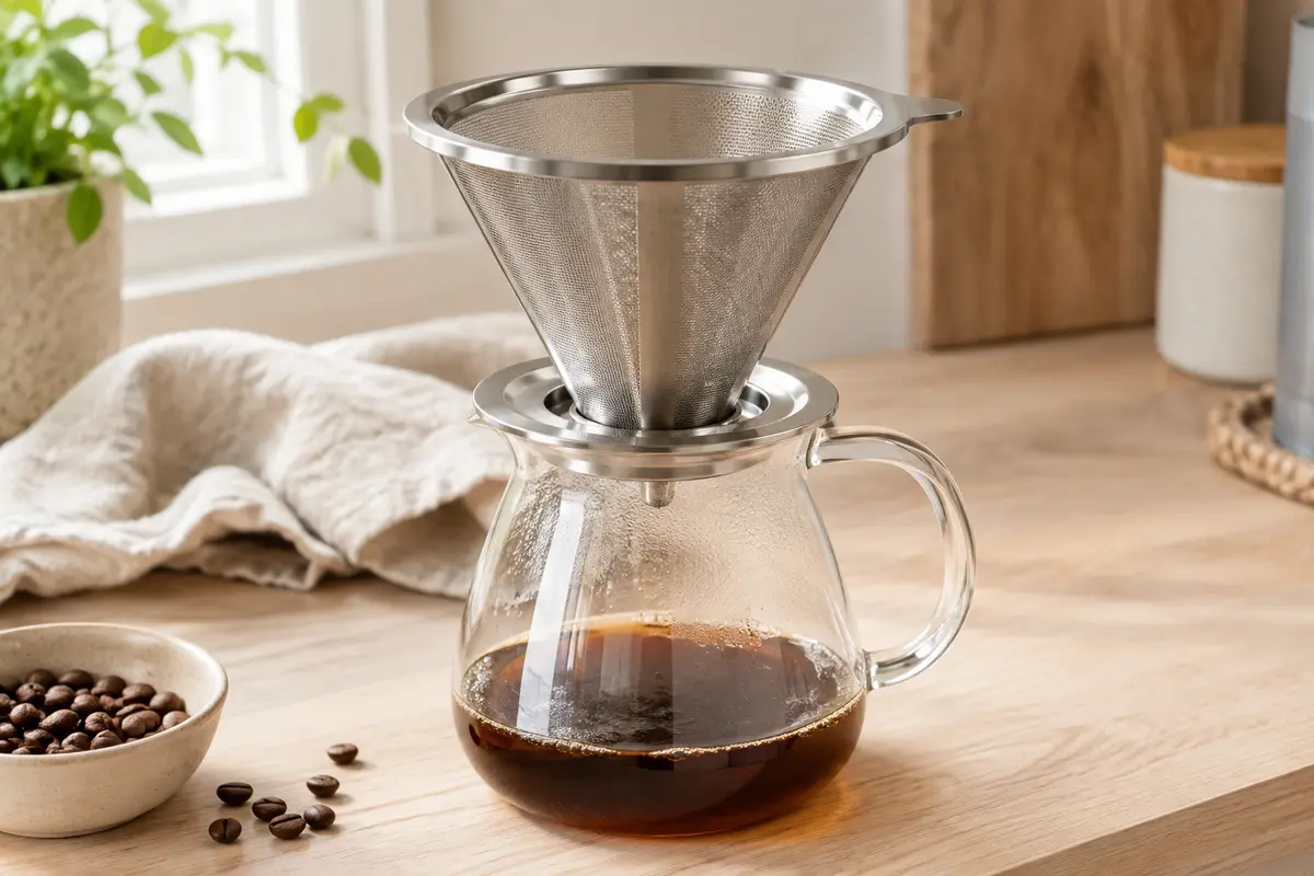 Filtre à café conique en acier inoxydable posé sur une cafetière en verre, maille fine visible