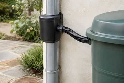 Collecteur de pluie noir fixé à une descente et raccordé par un tuyau flexible à un réservoir.