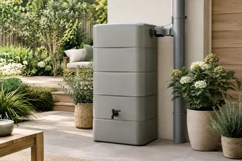 Cuve de récupération d’eau de pluie gris béton installée près d’une descente, dans un jardin aménagé.