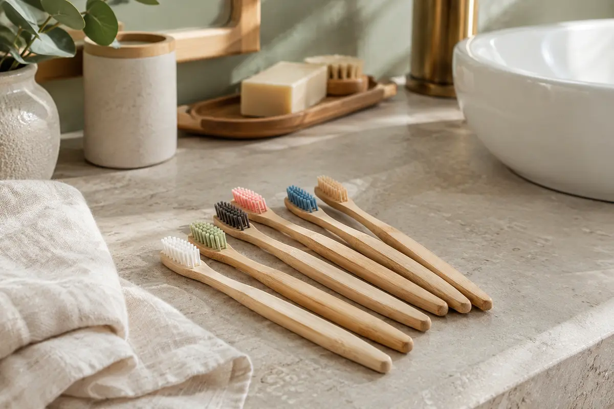 Lot de brosses à dents en bambou à poils souples colorés posé sur une surface en pierre claire.