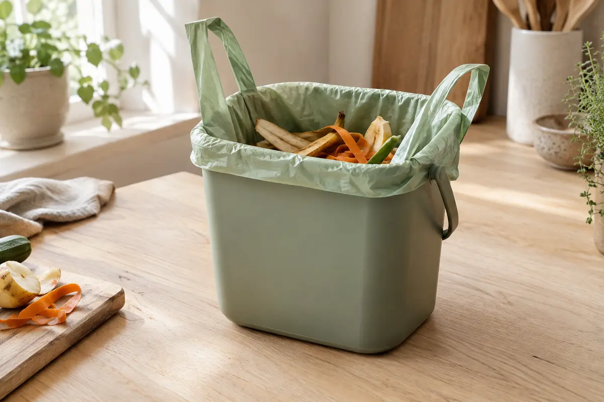 Sac vert de 6 L à poignées dans un bio-seau de cuisine avec quelques épluchures