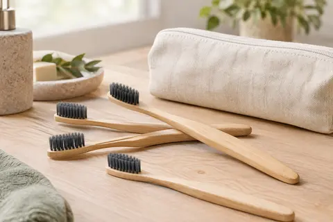 Brosses à dents à manche en bambou naturel et poils souples charbon disposées sur du bois clair
