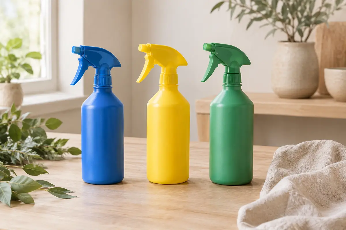 Trois flacons spray rechargeables bleu, jaune et vert posés sur un plan de travail en bois clair.
