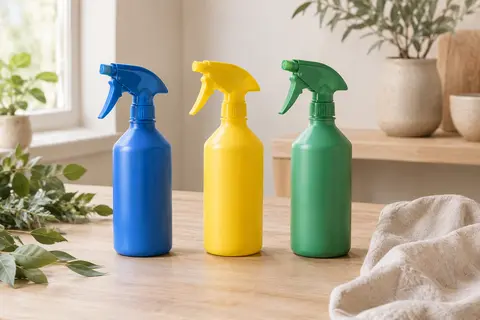 Trois flacons spray rechargeables bleu, jaune et vert posés sur un plan de travail en bois clair.