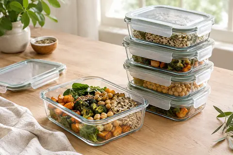 Cinq boîtes repas rectangulaires en verre transparent, dont une ouverte contenant un déjeuner préparé