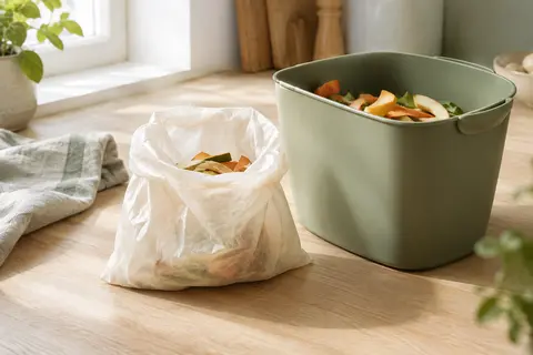 Sac compostable ouvert près d’un petit bac de cuisine destiné aux déchets alimentaires