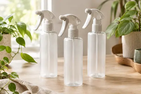 Trois vaporisateurs transparents à gâchette posés près de plantes sur une surface en bois clair.