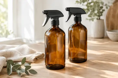 Deux flacons vaporisateurs rechargeables en verre ambré avec gâchettes noires réglables