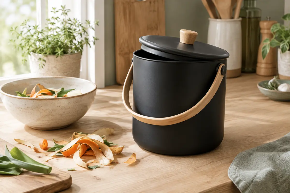 Composteur de cuisine noir avec couvercle et poignée en bambou posé près de déchets végétaux