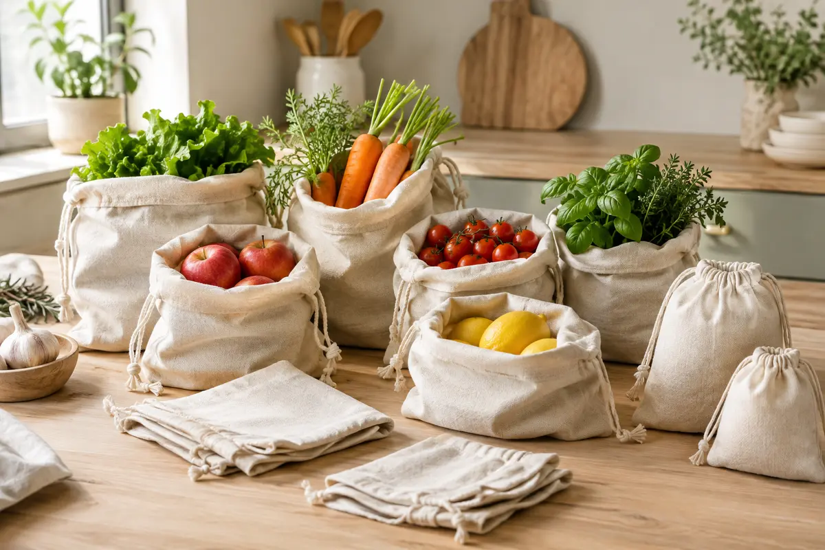 Huit sacs en coton couleur lin à cordon, posés sur une table avec quelques fruits et légumes