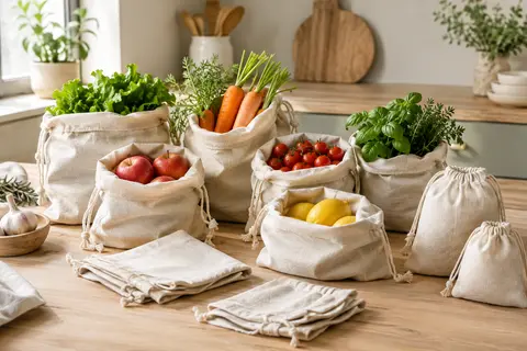 Huit sacs en coton couleur lin à cordon, posés sur une table avec quelques fruits et légumes