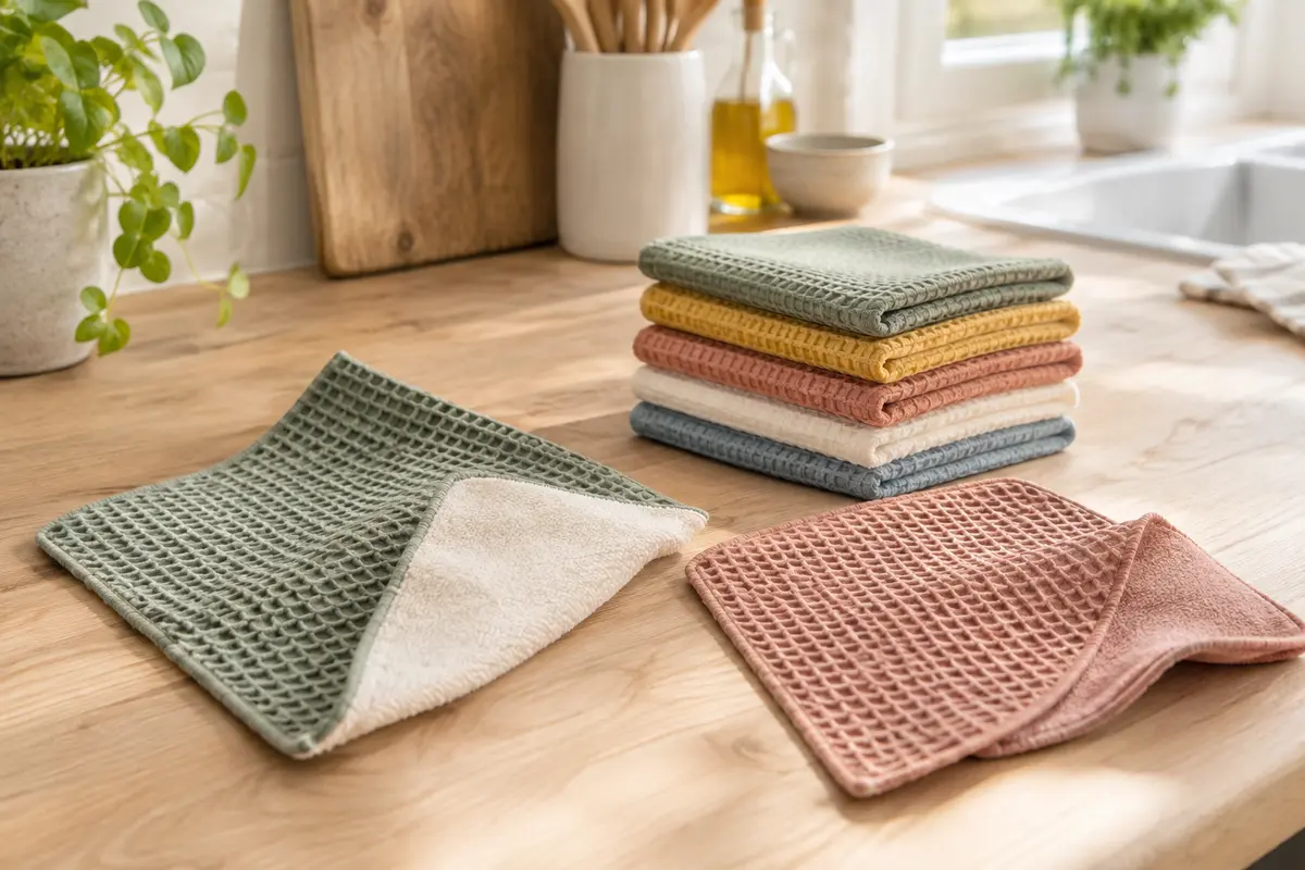 Cinq essuie-tout carrés en coton multicolores posés sur un plan de travail en bois clair