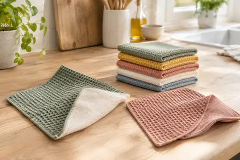 Cinq essuie-tout carrés en coton multicolores posés sur un plan de travail en bois clair