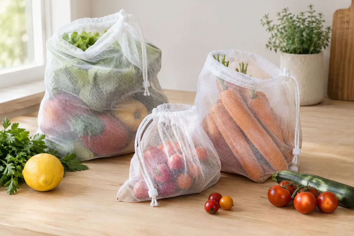 Sacs en filet blancs à cordon de plusieurs formats, posés avec des fruits et légumes sur du bois clair.