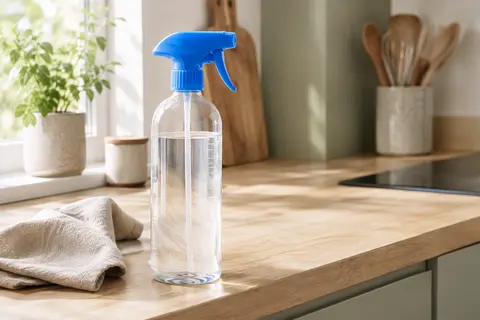 Flacon pulvérisateur en plastique avec tête bleue et graduations, posé sur un plan de travail en bois clair.