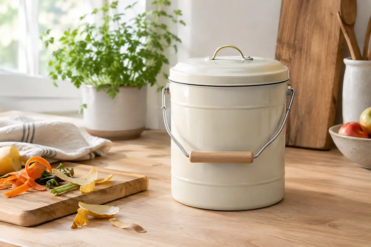 Composteur de cuisine cylindrique crème en acier galvanisé, avec couvercle et poignée, posé près d’épluchures.