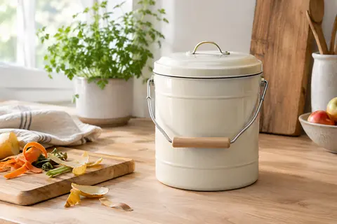 Composteur de cuisine cylindrique crème en acier galvanisé, avec couvercle et poignée, posé près d’épluchures.