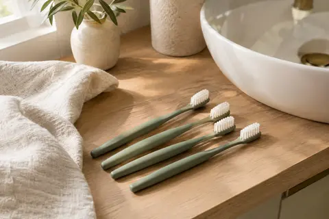 Quatre brosses à dents manuelles vertes à brins souples posées sur une surface claire près d’un linge en lin.